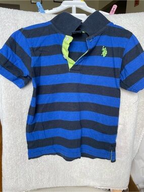 Polo-Style Kids Stripe Rugby Shirt - Blue/Black with Green Accent